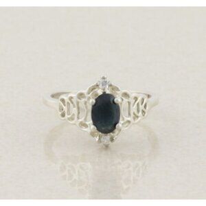 Sterling Silver Natural Dark Blue Sapphire and Cubic Zirconia Ring Size 8 1/4